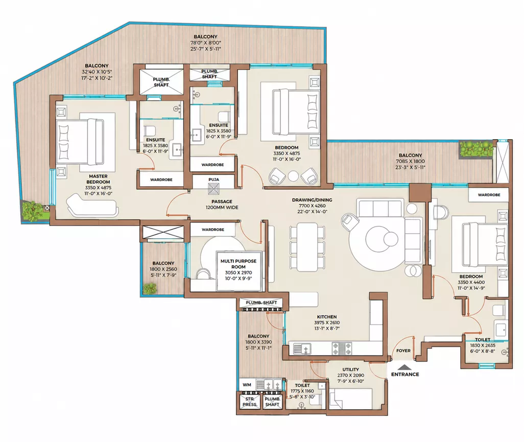 Type A Floor Plan 3 BHK