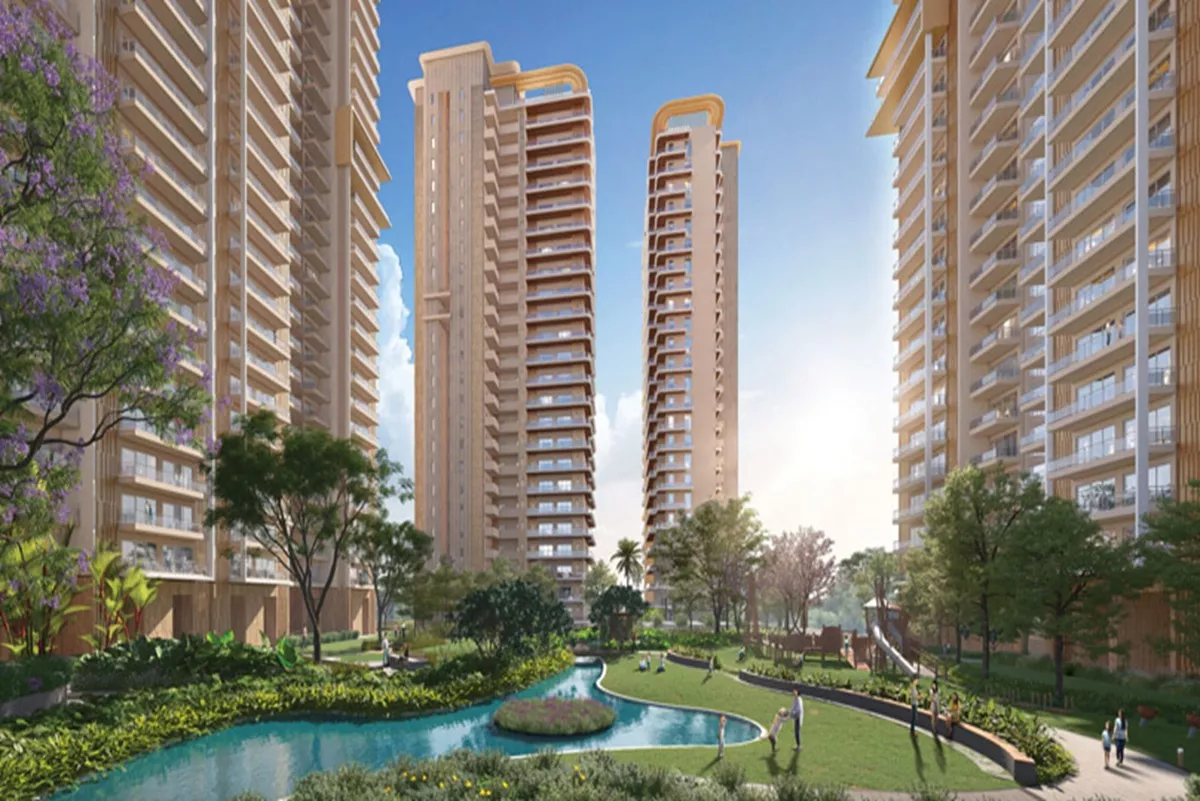 Outdoor swimming pool and landscaped deck at  County with residential towers in the background
