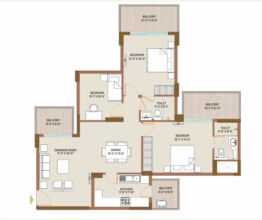 Type A Floor Plan 3 BHK