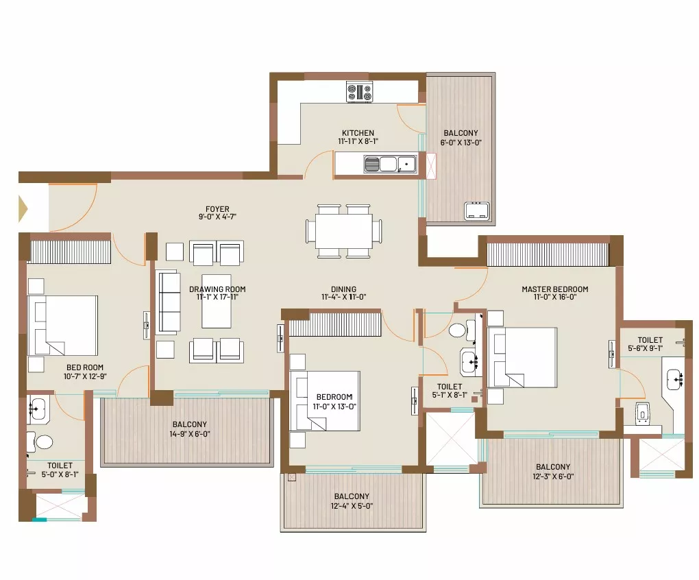 Type B Floor Plan 3 BHK