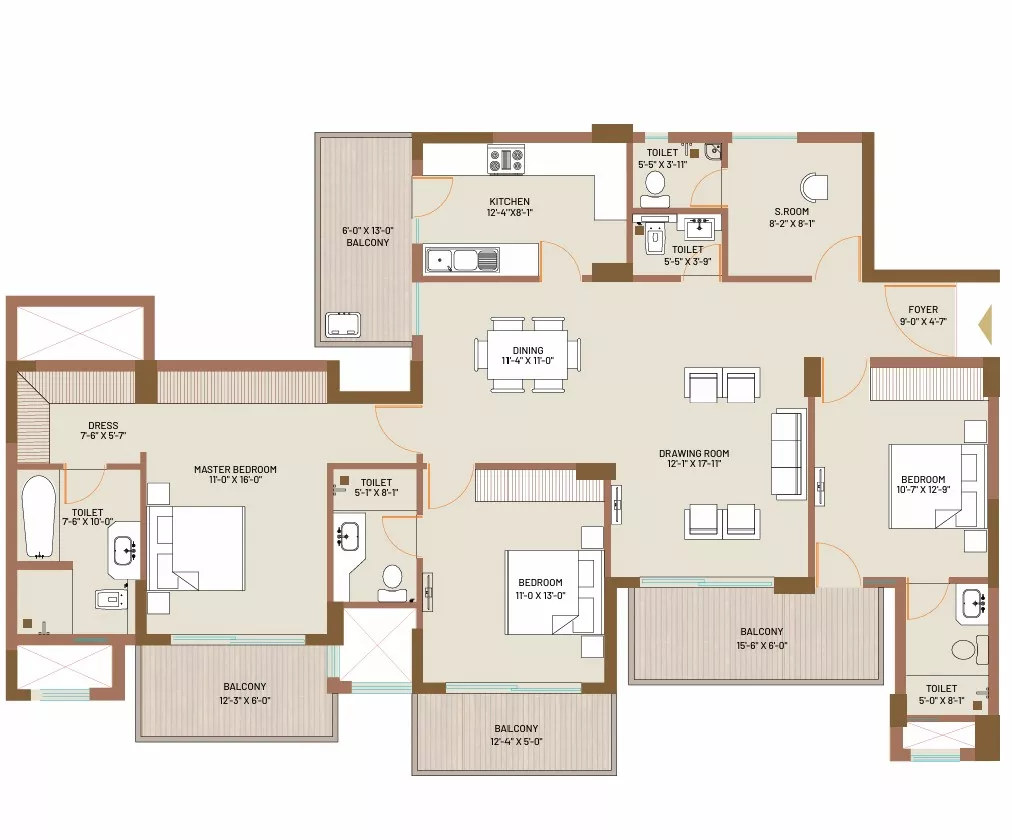 Type C Floor Plan 3 BHK with Study and Servant Room